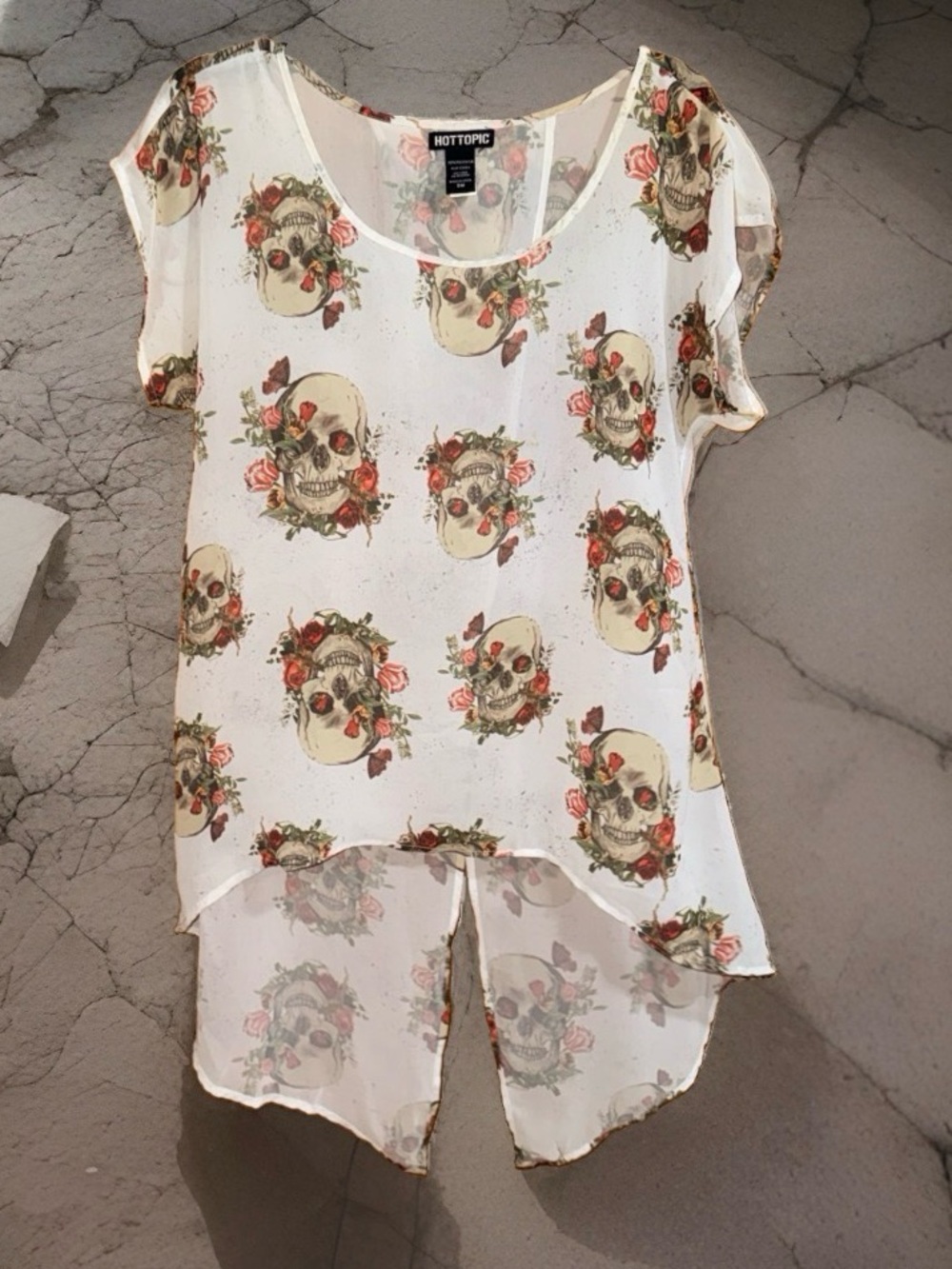 Hot Topic Sheer Ivory Chiffon Top with Pink Roses & Green Foliage-SM-EC
